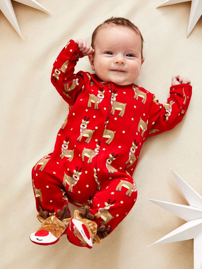 Red Cotton Christmas Print Zip Sleepsuit (B94954) | £9