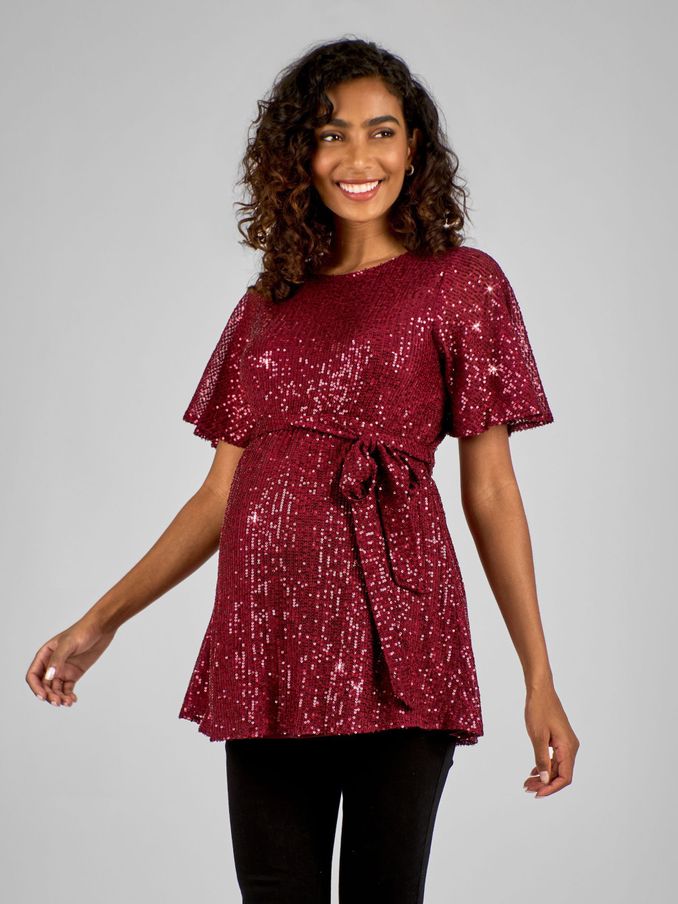 Wine Red Sequin Maternity Flutter Sleeve Top (B95389) | £17