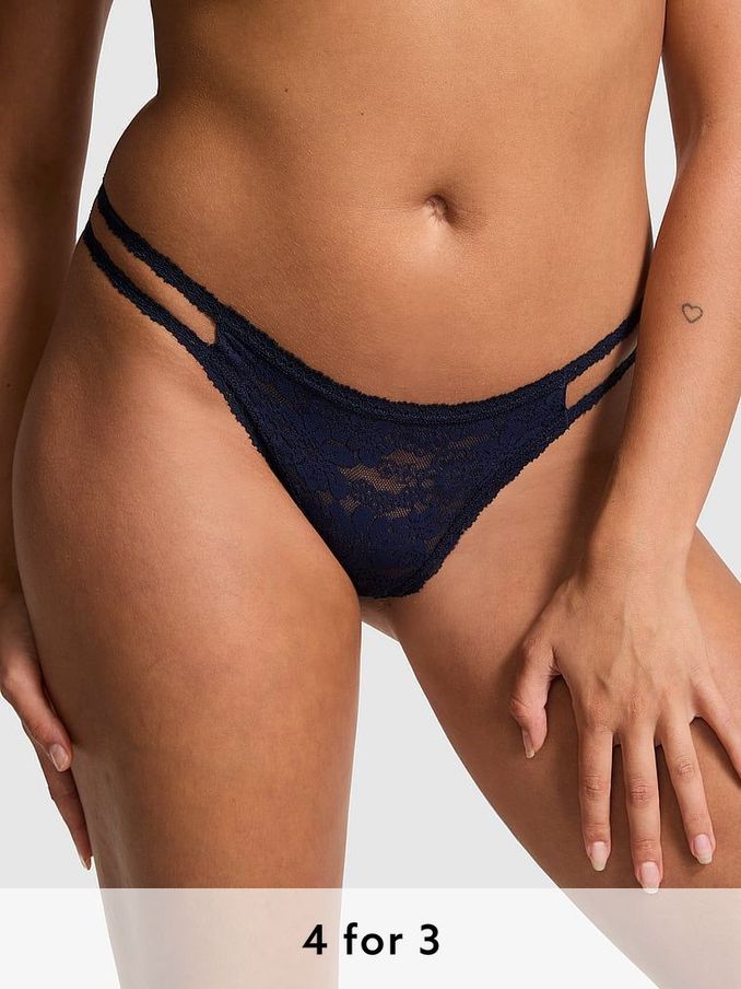 Midnight Navy Blue Thong Floral Lace Knickers (B95555) | £9