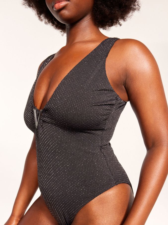Black Tummy Control Plunge Shimmer Swimsuit (B95583) | £29