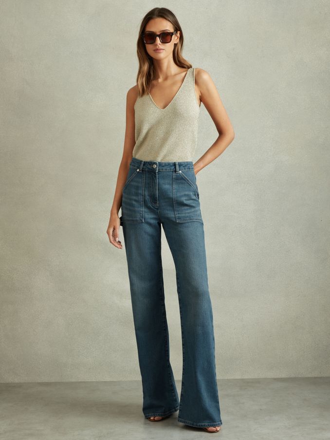 Mid Rise Flared Utility Jeans in Mid Blue (B95875) | £41