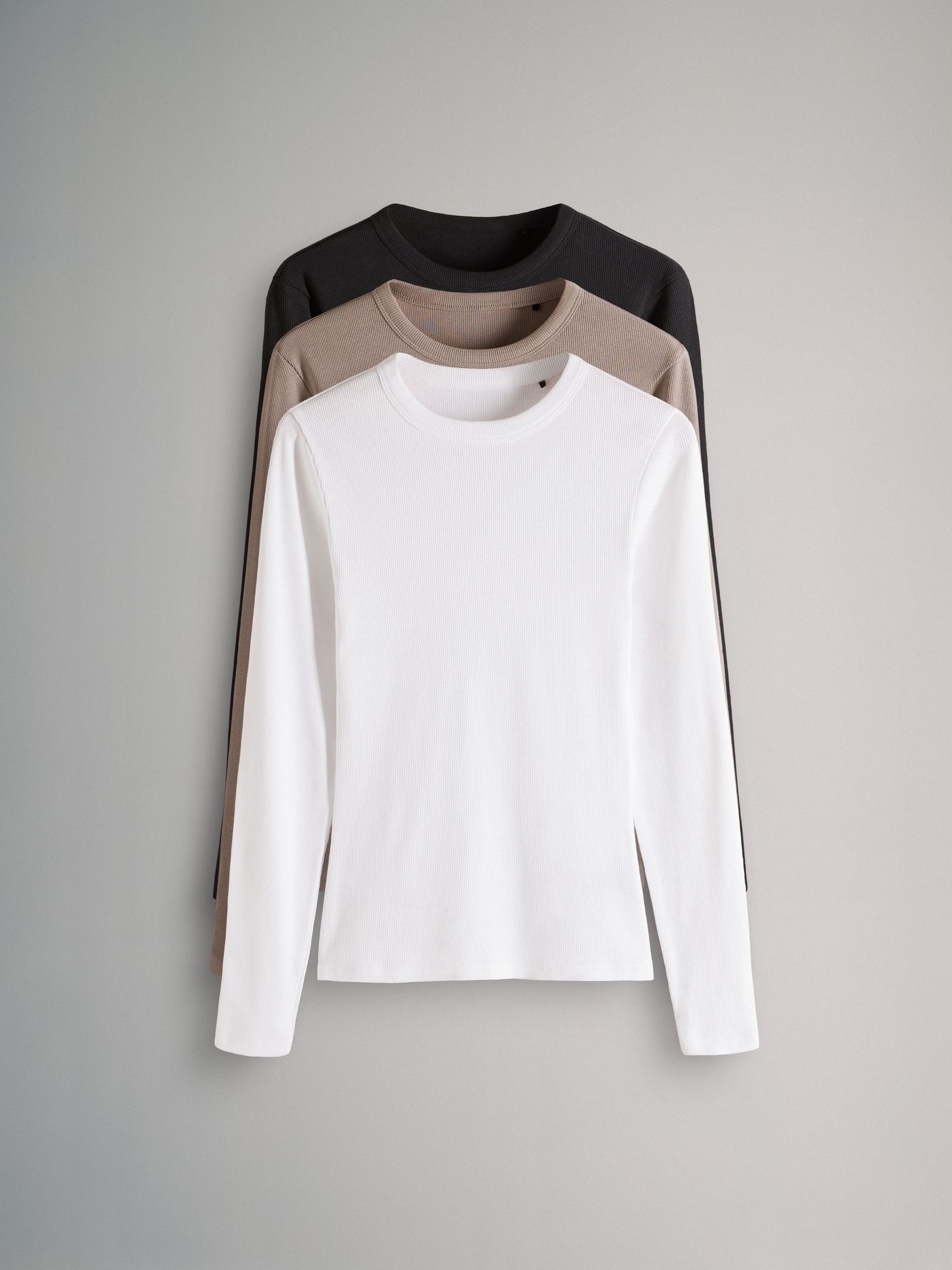 Black/Taupe Brown/White - 3 Pack Long Sleeve Ribbed T-Shirts (B95992) | £19.50