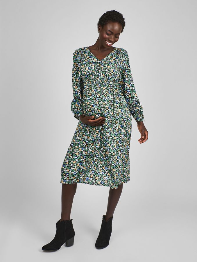Green & Yellow Floral V-Neck Maternity Midi Dress (B96507) | £24