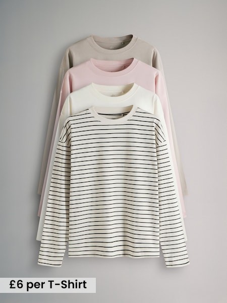 Taupe Brown/Cream/Pink/Black&Cream Stripe - 4 Pack Relaxed Long Sleeve T-Shirts (B96689) | £24
