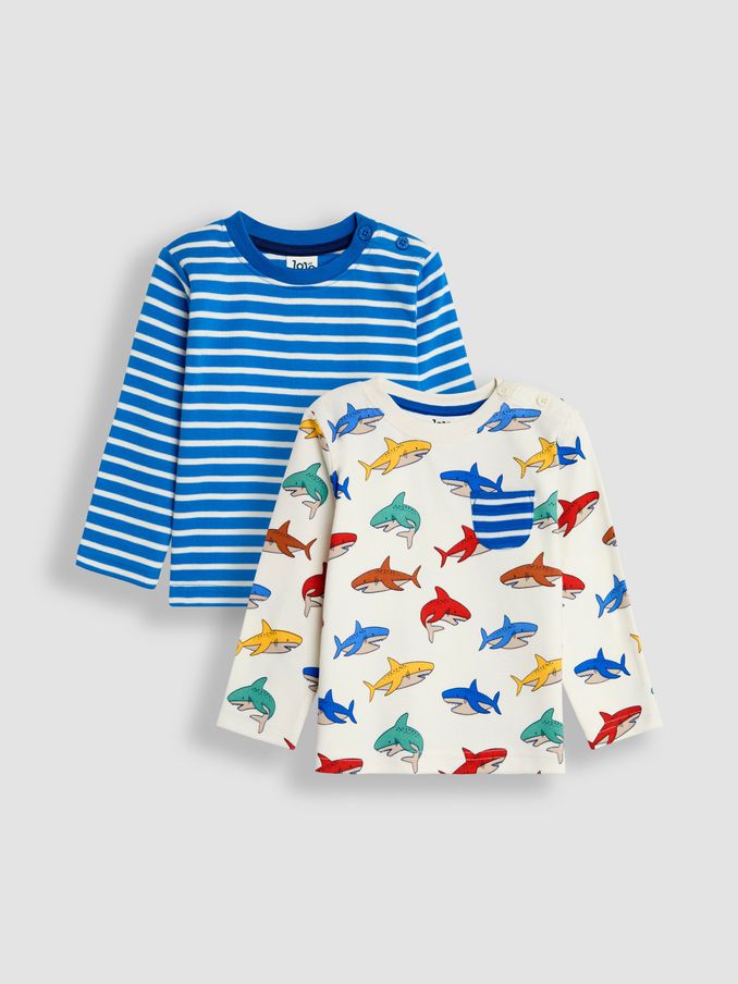 Ecru Shark Print & Stripe Long Sleeve 2-Pack Tops (B97315) | £22