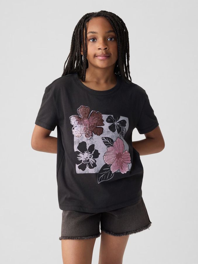 Black Floral Sequin Graphic Short Sleeve Crew Neck T-Shirt (4-13yrs) (B97840) | £8