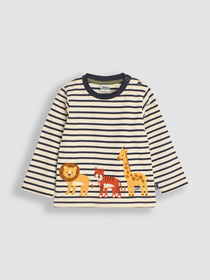 Ecru Navy Stripe Safari Animals Appliqué Border Top (B98410) | £9