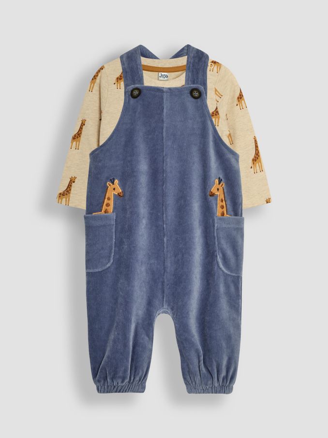 Denim Giraffe Applique Velour Dungarees And Top Set (B99817) | £14