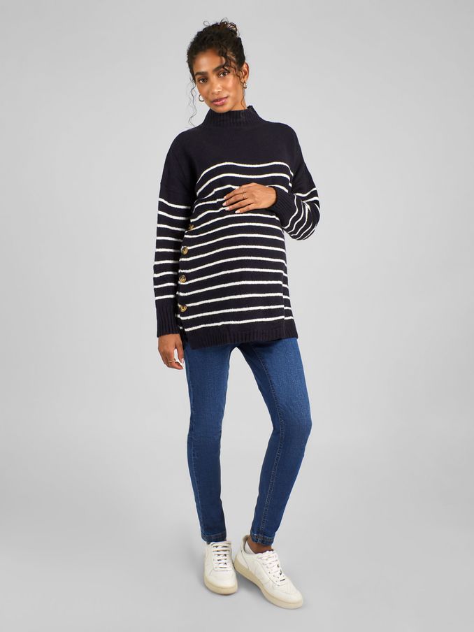 Navy Ecru Stripe Turtle Neck Maternity & Nursing Jumper (C01384) | £15