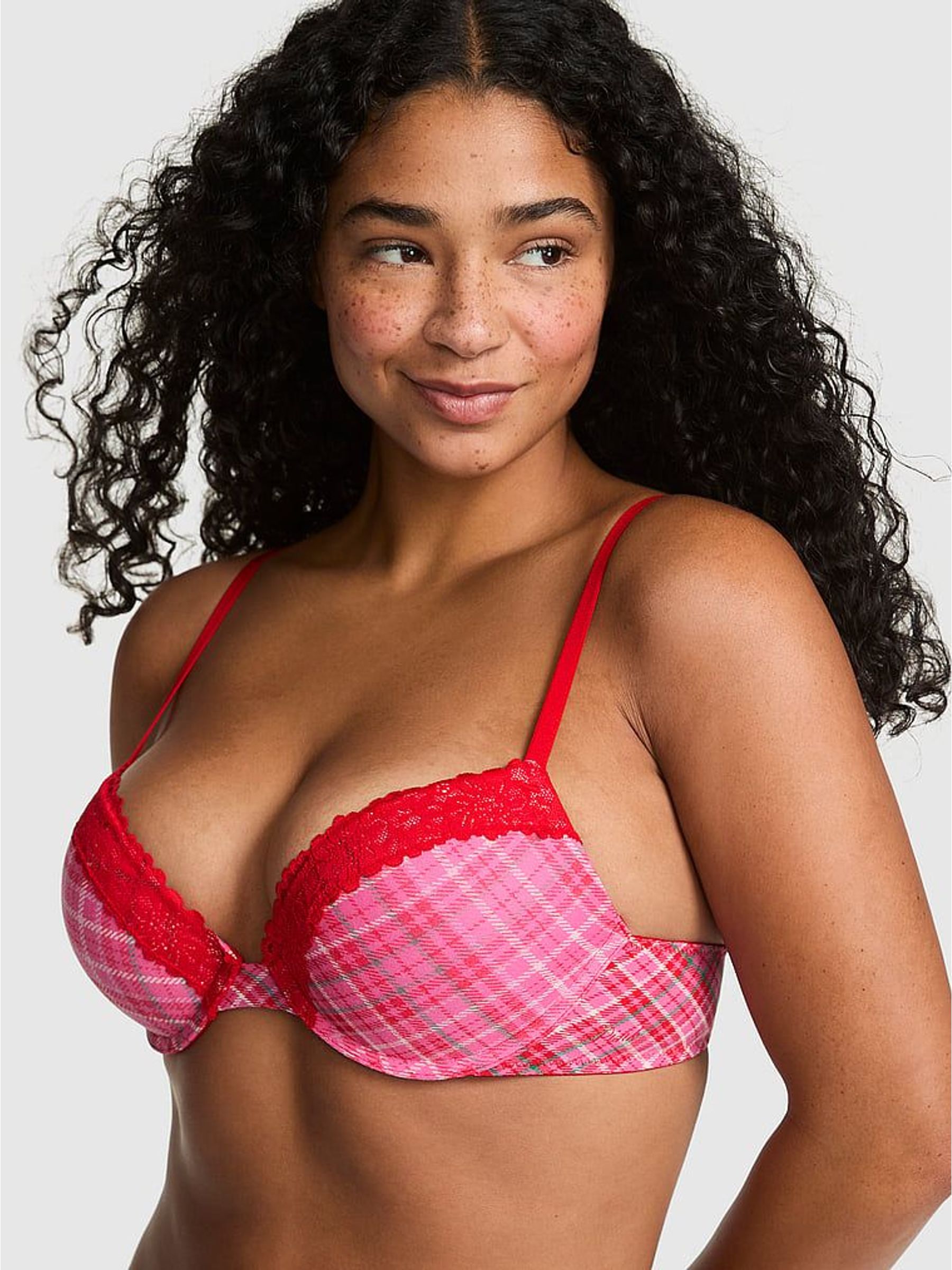 Pink/Red Tartan - Super Push Up Lace Trim Bra