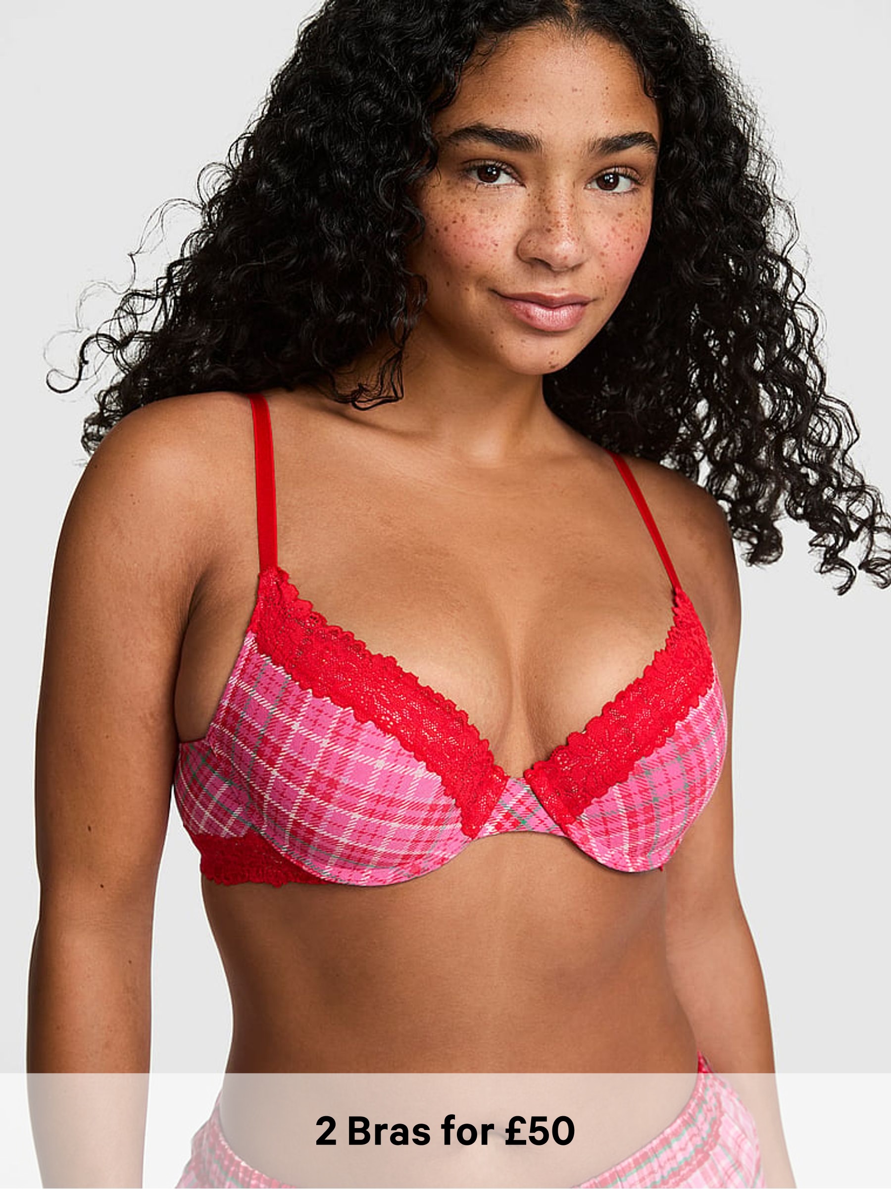 Pink/Red Tartan - Push Up Lace Trim Bra