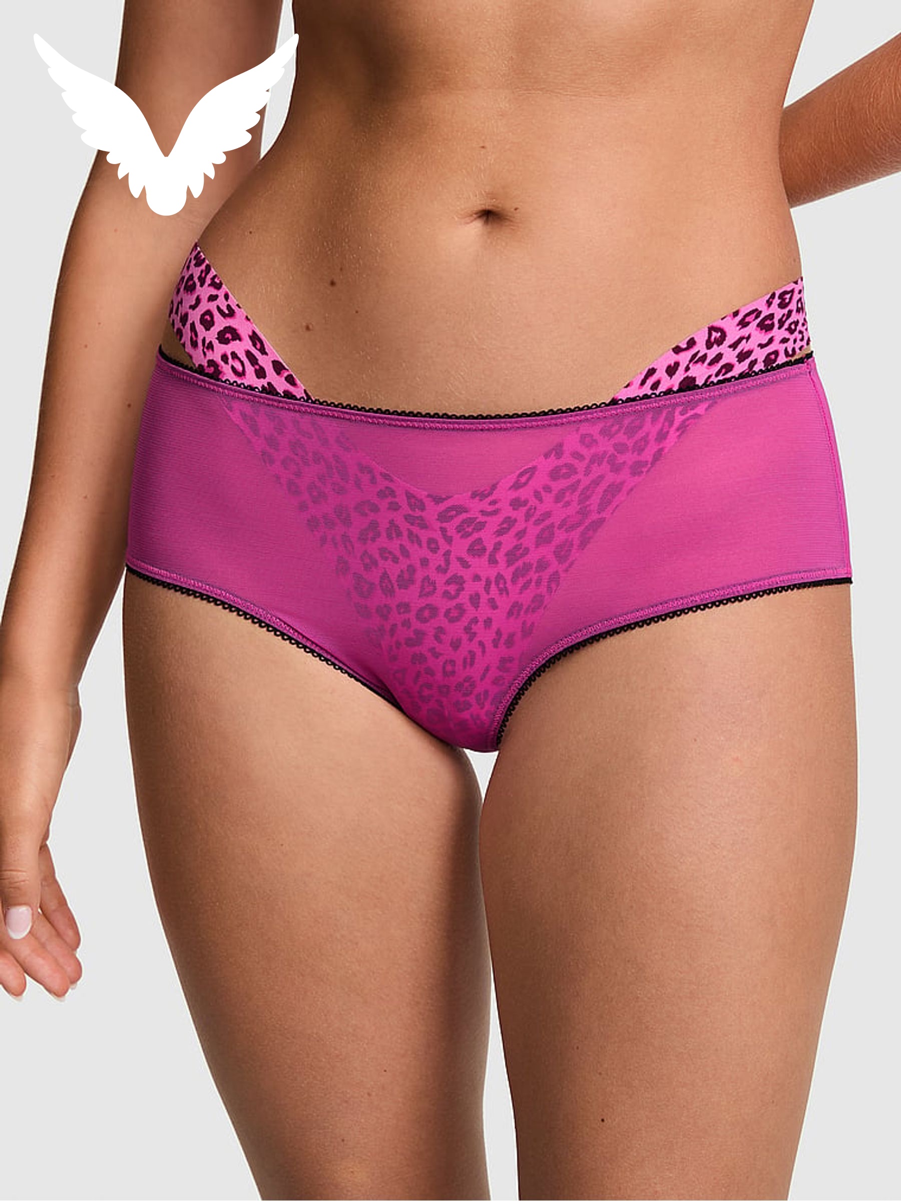 Pink Fire Leopard/Black - Double Strap Cheeky Sequin Mesh Knickers