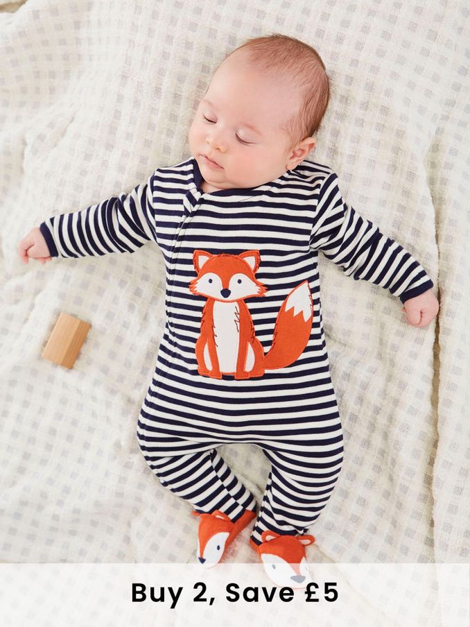 Navy Blue Ecru Cream Stripe Fox Appliqué Zip Cotton Baby Sleepsuit (C09716) | £21