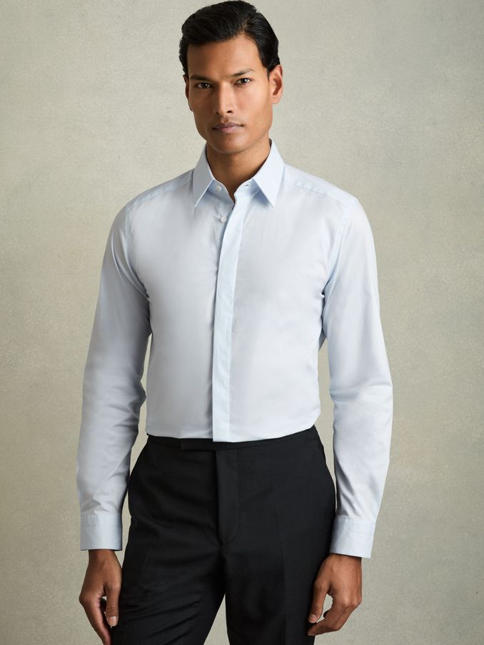 Slim Fit Cotton Blend Shirt in Blue (C09907) | £28