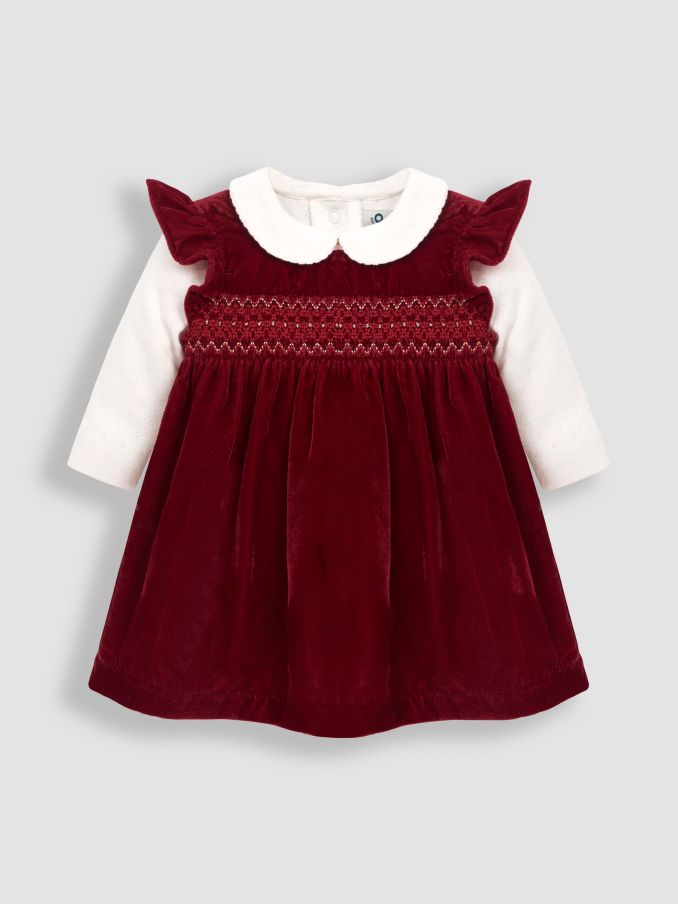 Burgundy Red 2-Piece Smocked Velvet Baby Dress & Body Set (C19287) | £13