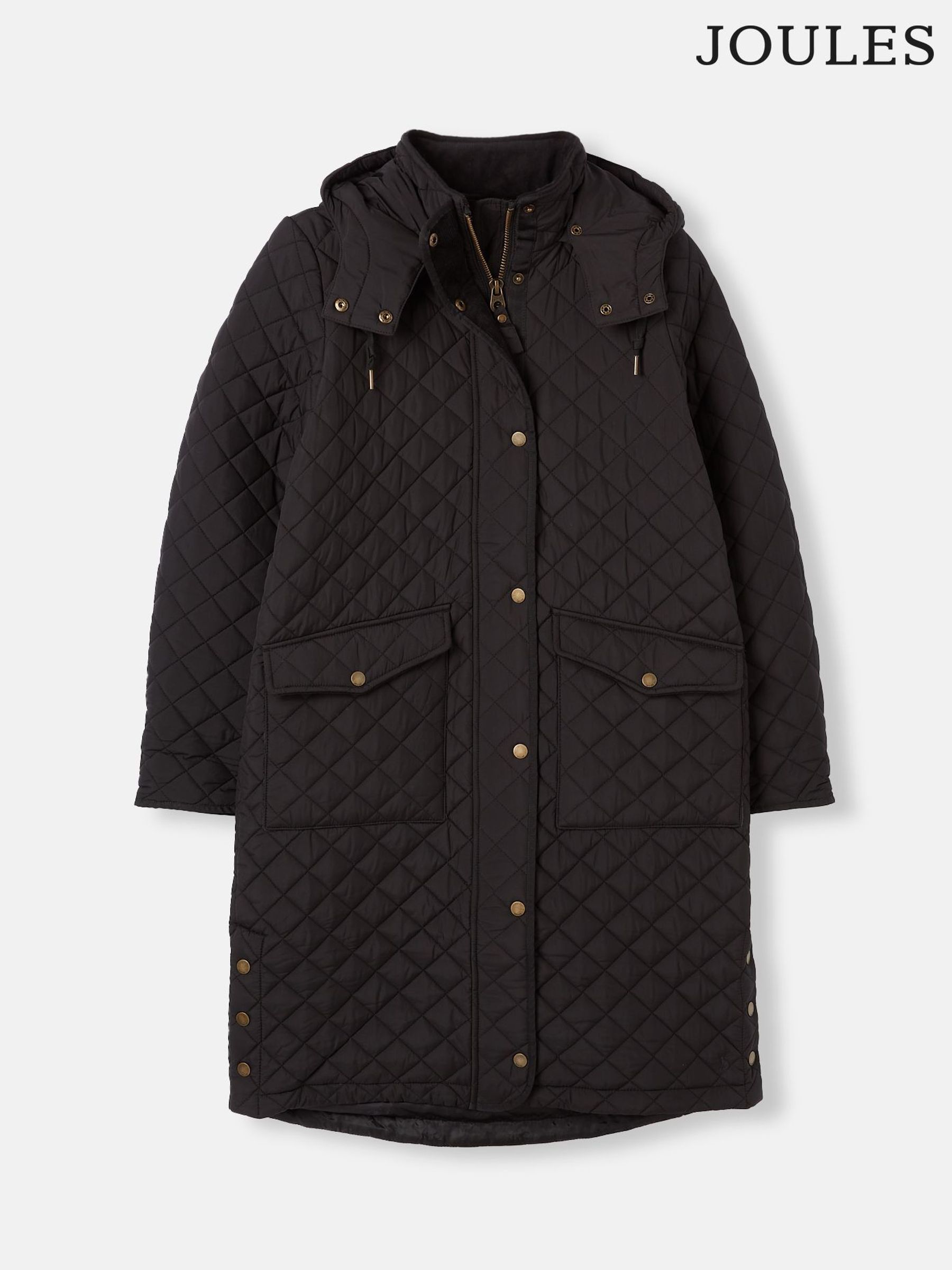 Chatsworth Black Showerproof Long Diamond Quilted Coat With Hood (C22152) | £129