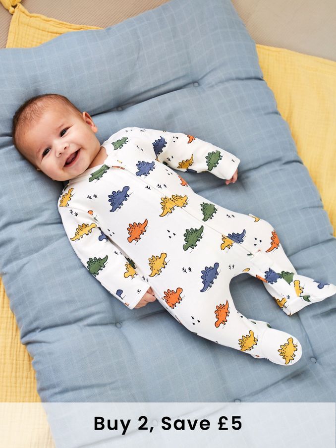 White Multi Dinosaur Print Zip Cotton Baby Sleepsuit (C25801) | £20
