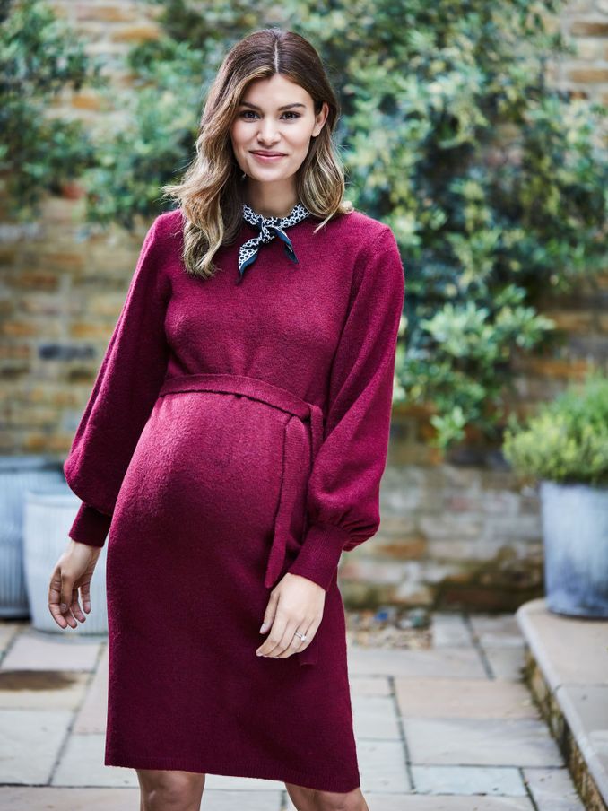 Burgundy Red - Blouson Sleeve Knitted Maternity Dress