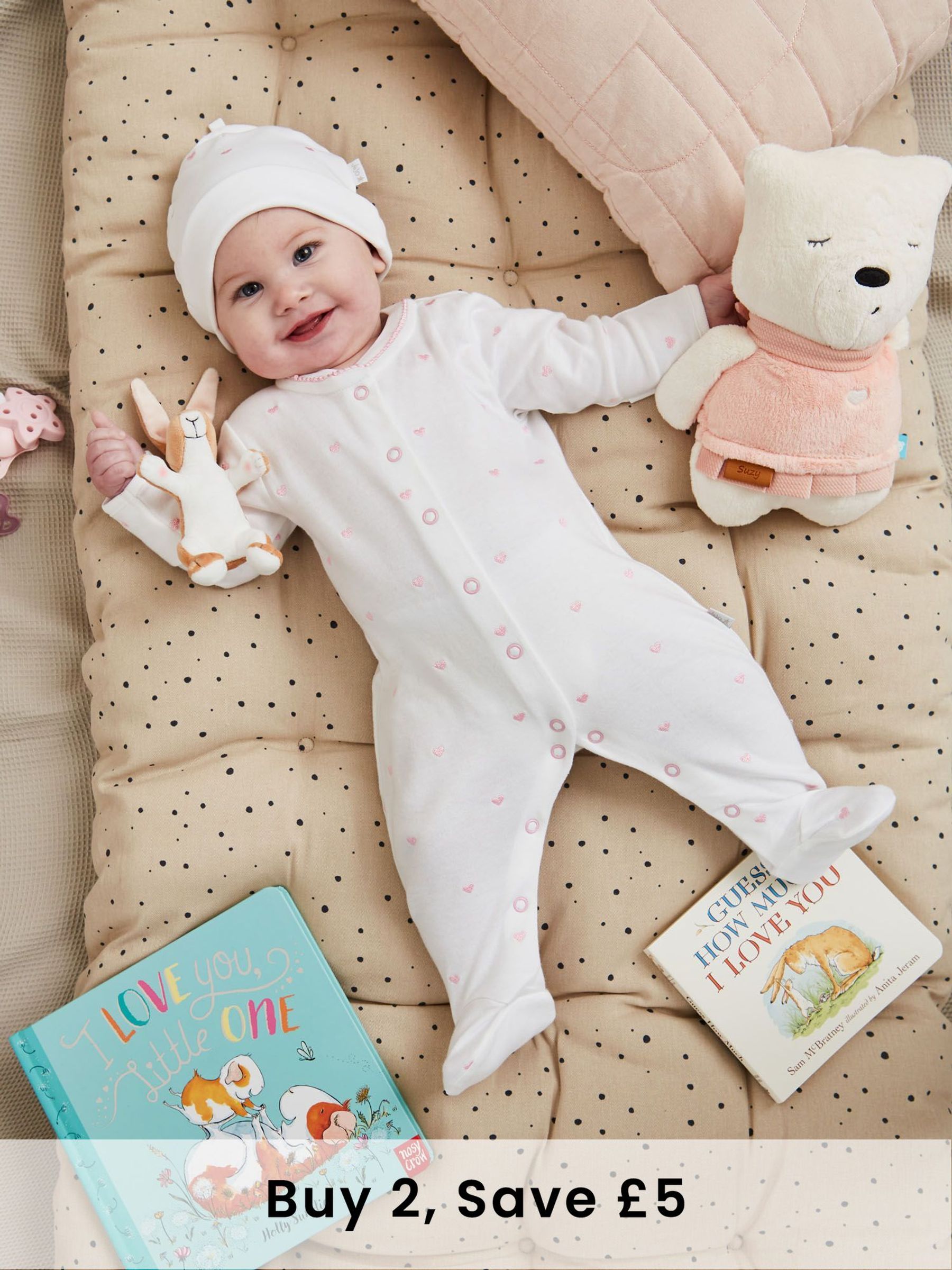 Pink Heart Embroidered Cotton Baby Sleepsuit (C32706) | £21