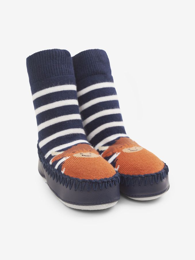 Navy Blue Ecru Cream Stripe Moccasin Slipper Socks (C38249) | £12.50