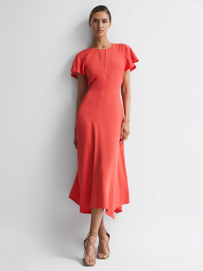 Cap Sleeve Midi Dress in Coral (C38763) | £65