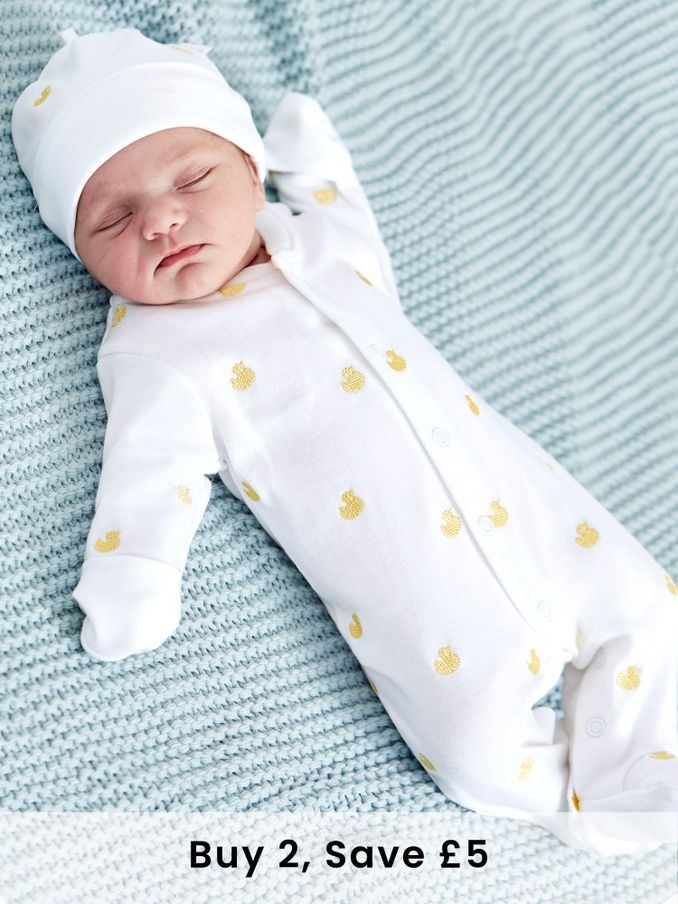 Yellow Duck Embroidered Cotton Baby Sleepsuit (C38804) | £21