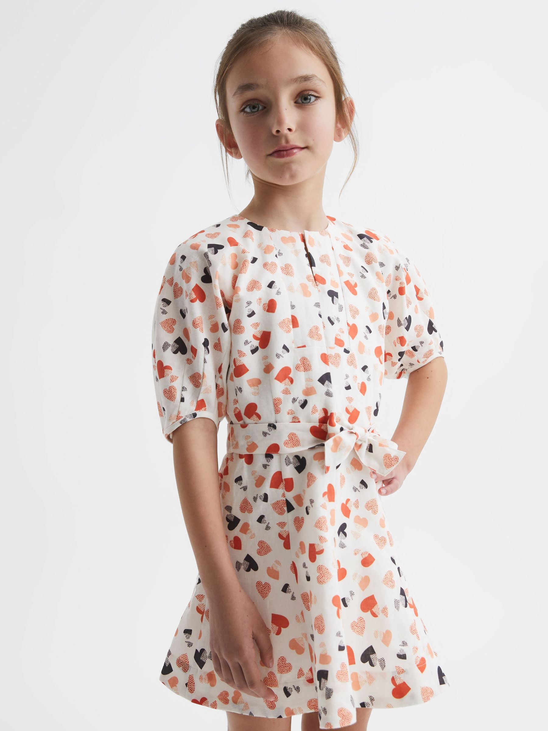 4-9 yrs Heart Print Linen Mini Dress in Ivory Print (C43466) | £35