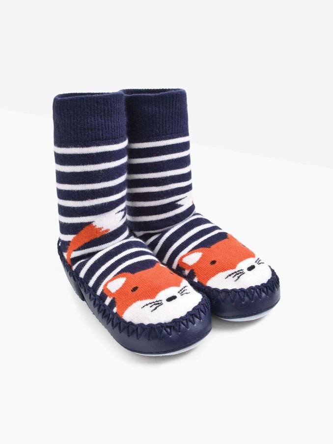 Navy Blue Ecru Cream Stripe Moccasin Slipper Socks (C44571) | £12.50