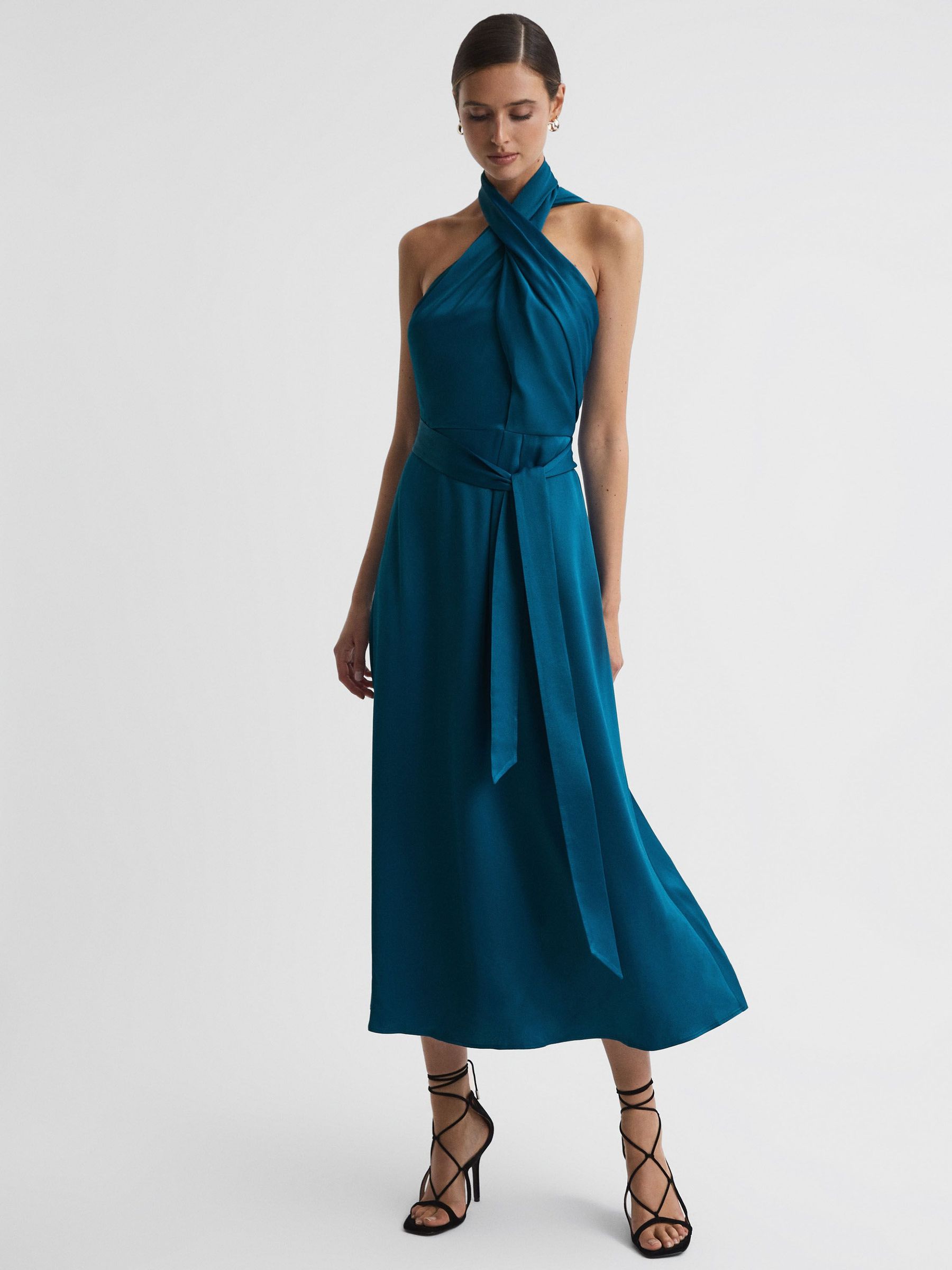 Satin Halter Neck Fitted Midi Dress in Teal (C52401) | £80