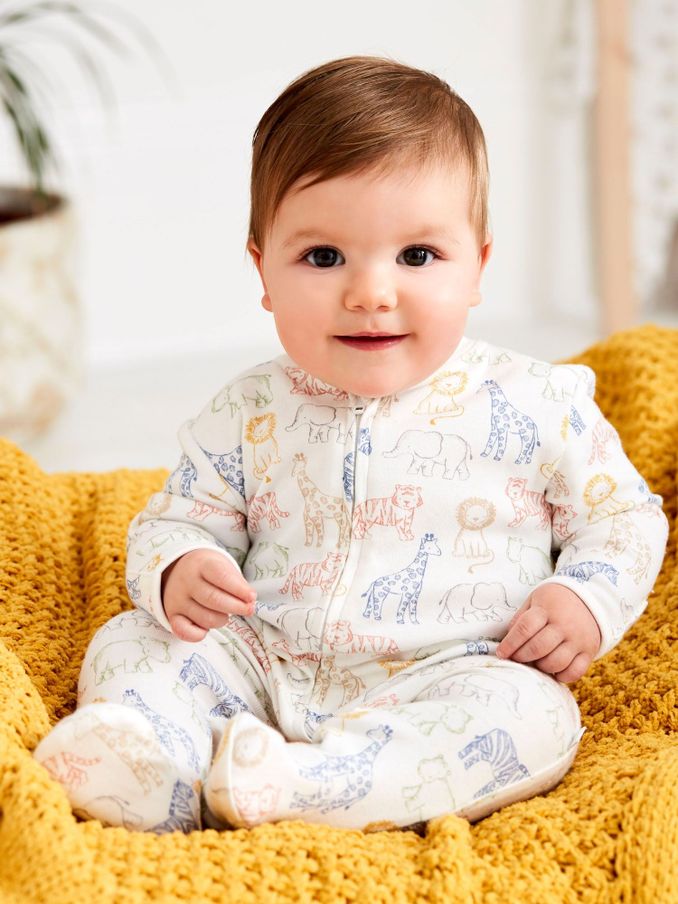 Cream Safari Print Zip Cotton Baby Sleepsuit (C53592) | £9