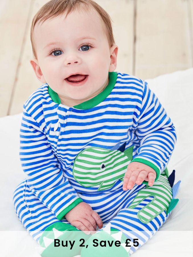 Blue Dinosaur Appliqué Zip Cotton Baby Sleepsuit (C61819) | £21