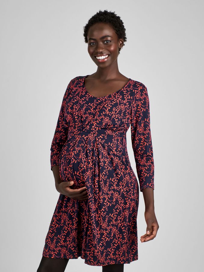 Navy Blue Print Jersey Pleated Maternity & Nursing Dress (C62159) | £21