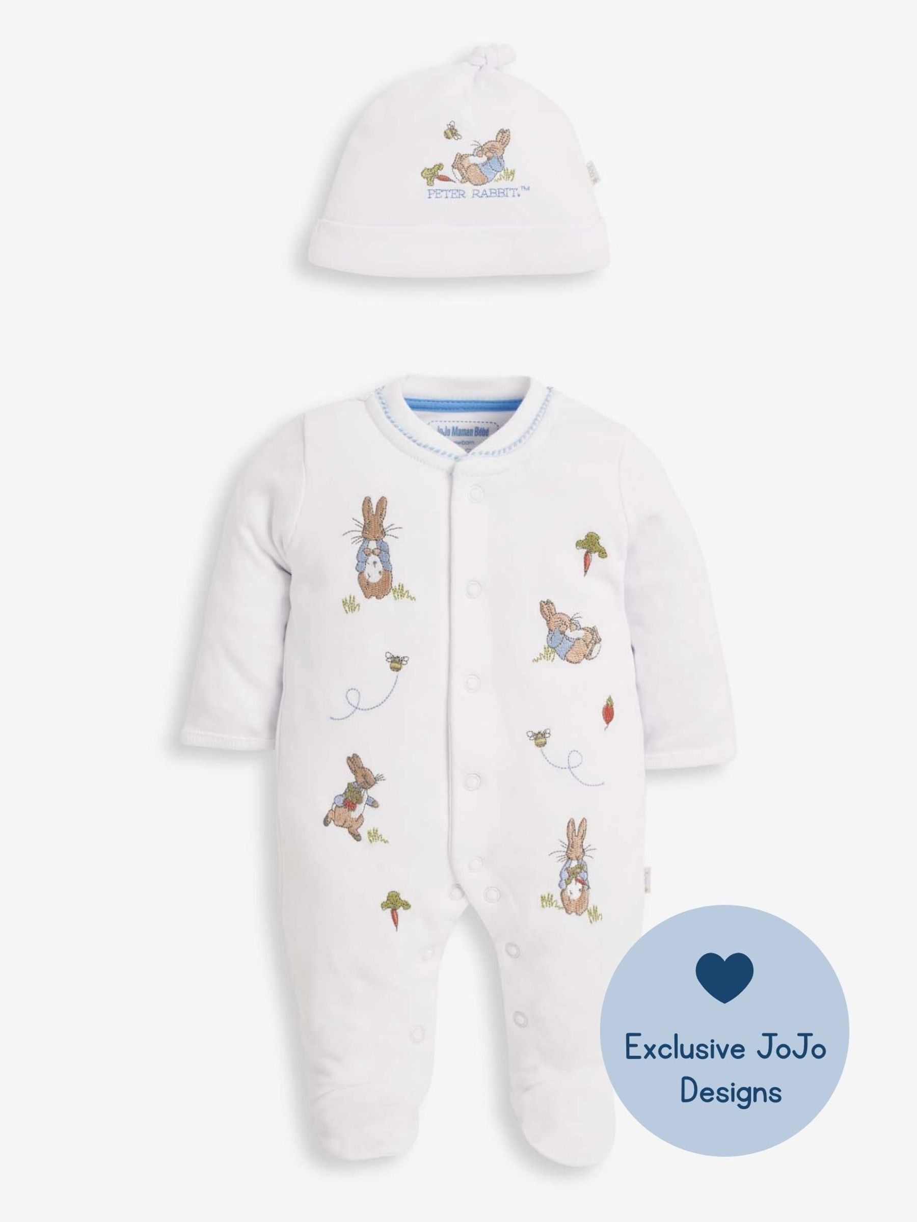 White Peter Rabbit Cotton Embroidered Baby Sleepsuit & Hat Set (C67414) | £26