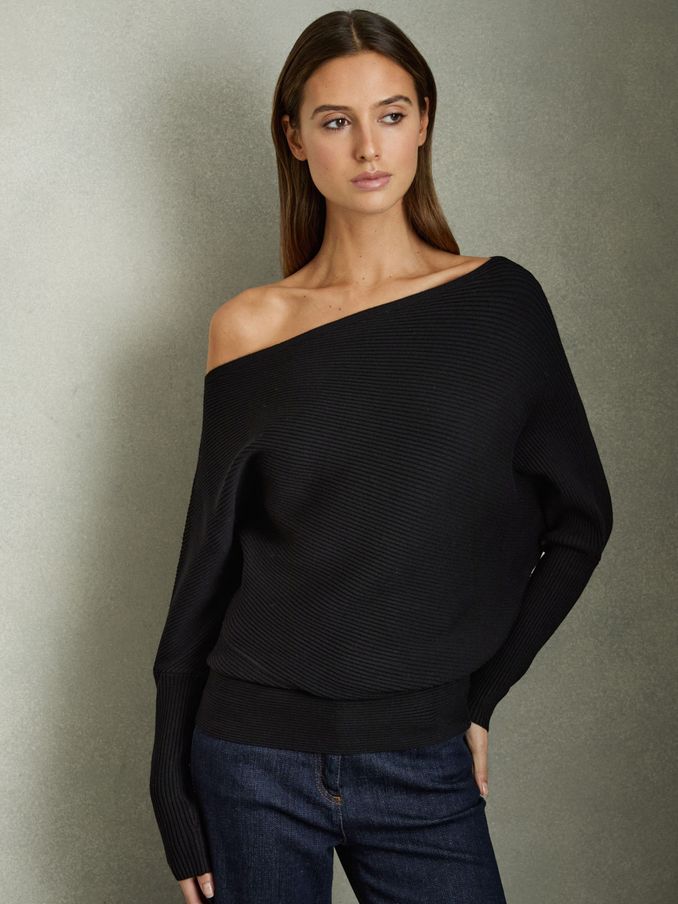 Asymmetric Drape Knitted Top in Black (C67880) | £110