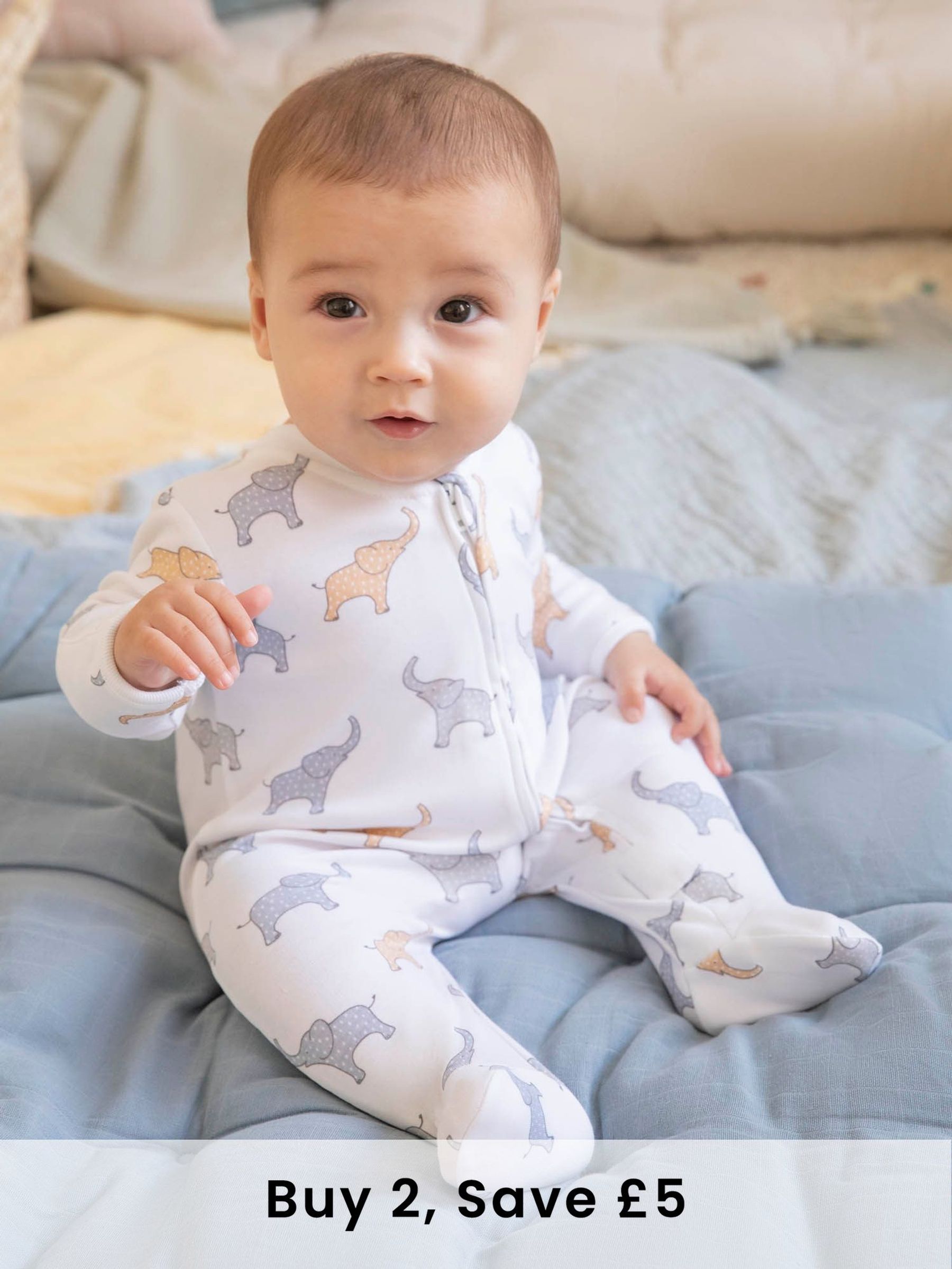 White Elephant Print Zip Cotton Baby Sleepsuit (C72709) | £20
