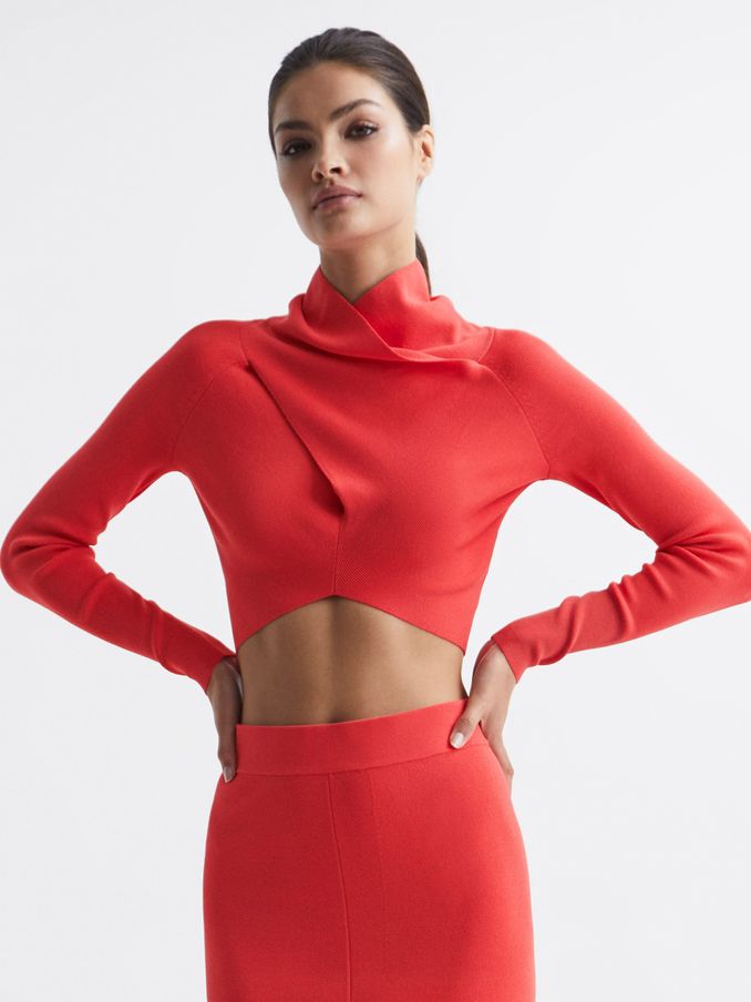 High Neck Cropped Co Ord Top in Coral (C74256) | £38