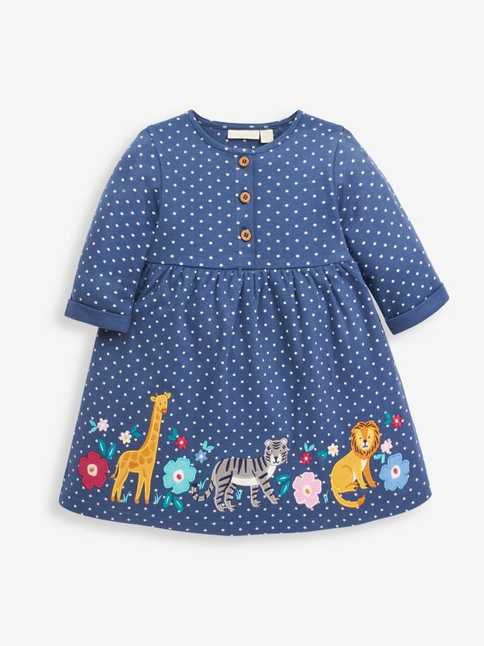 Denim Blue Safari Animals - Appliqué Button Front Dress