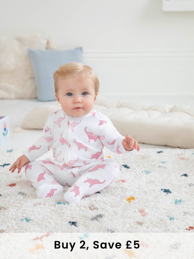 Pink Elephant Print Zip Cotton Baby Sleepsuit (C76956) | £20