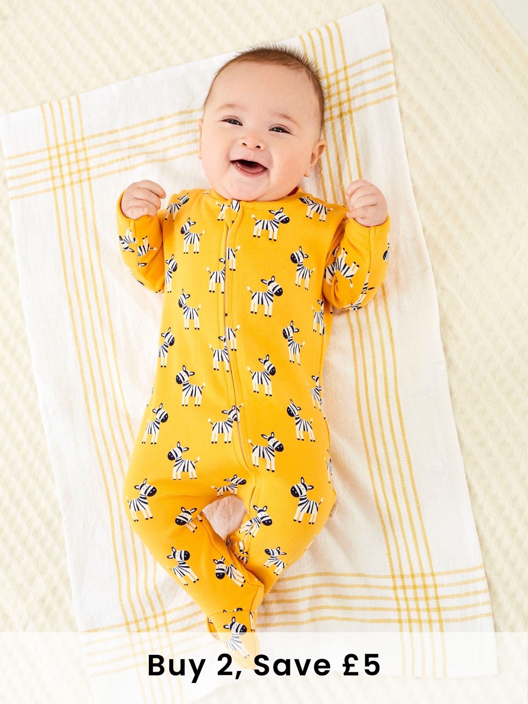 Yellow Zebra Print Zip Cotton Baby Sleepsuit (C81786) | £20