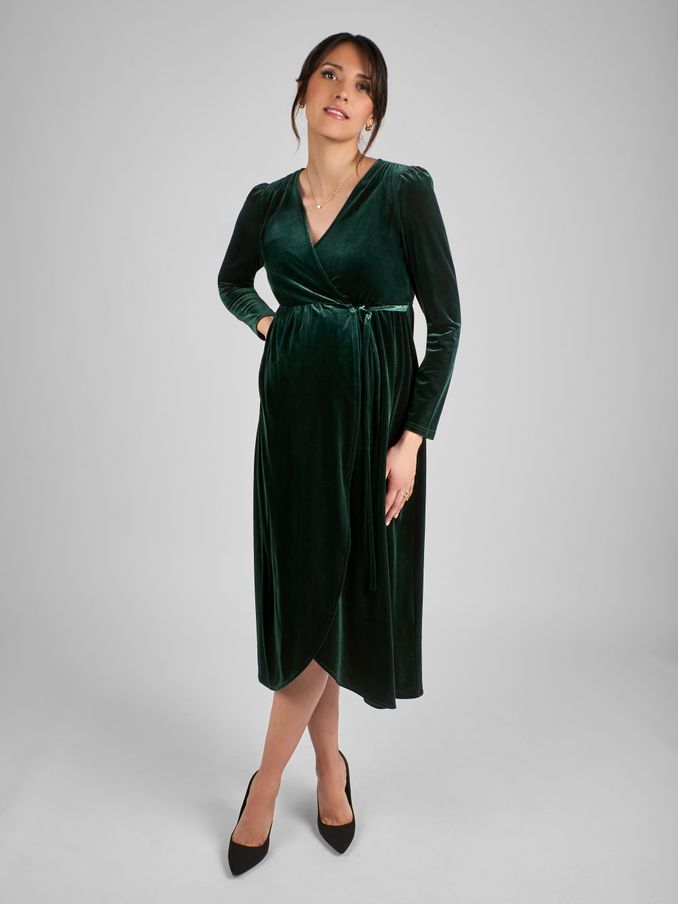 Green Velvet V-Neck Maternity & Nursing Wrap Dress (C88533) | £65.50