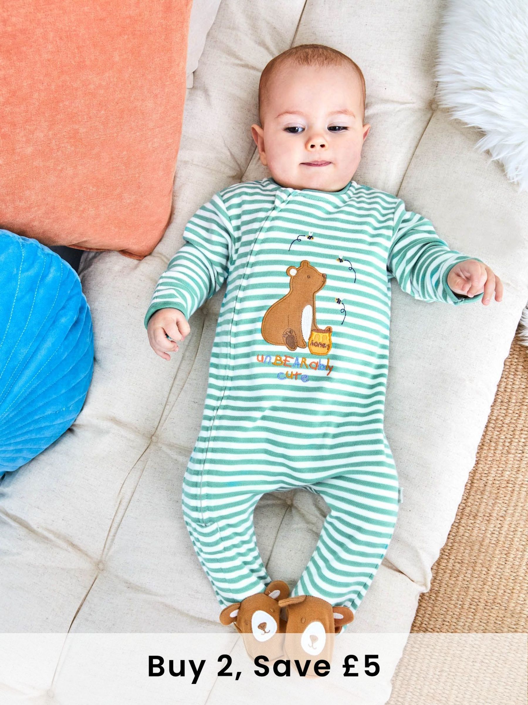 Green Bear Appliqué Zip Cotton Baby Sleepsuit (C93411) | £21