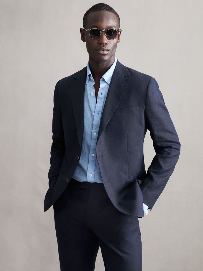 Slim Fit Single Breasted Linen Blazer in Navy (C94364) | £119
