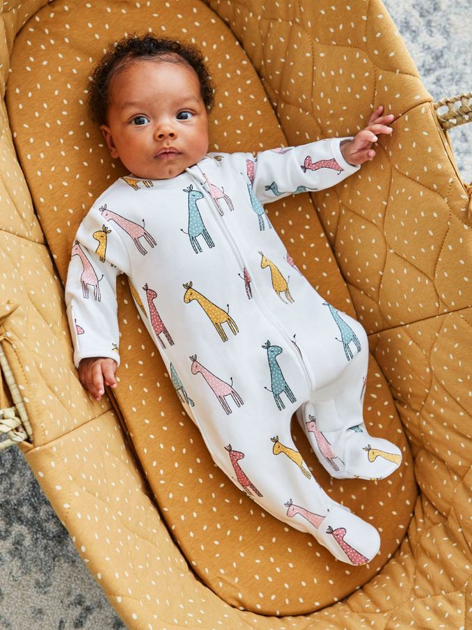 Yellow Giraffe Print Zip Cotton Baby Sleepsuit (C98005) | £12