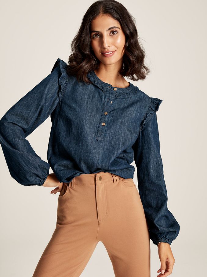 Remi Blue Frill Shoulder Chambray Blouse (C98909) | £28