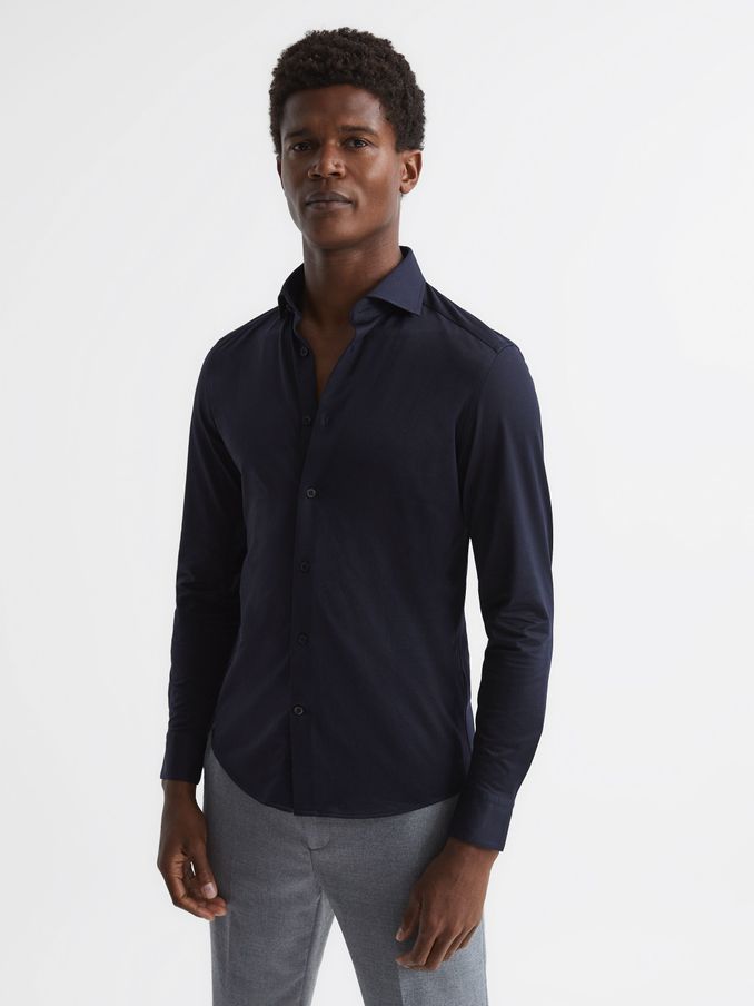 Cotton-Blend Jersey Cutaway-Collar Shirt in Navy (C99735) | £98