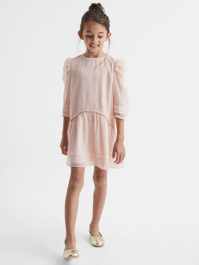 4-9 yrs Ruched Shoulder Metallic Detail Dress in Pink (D00269) | £30