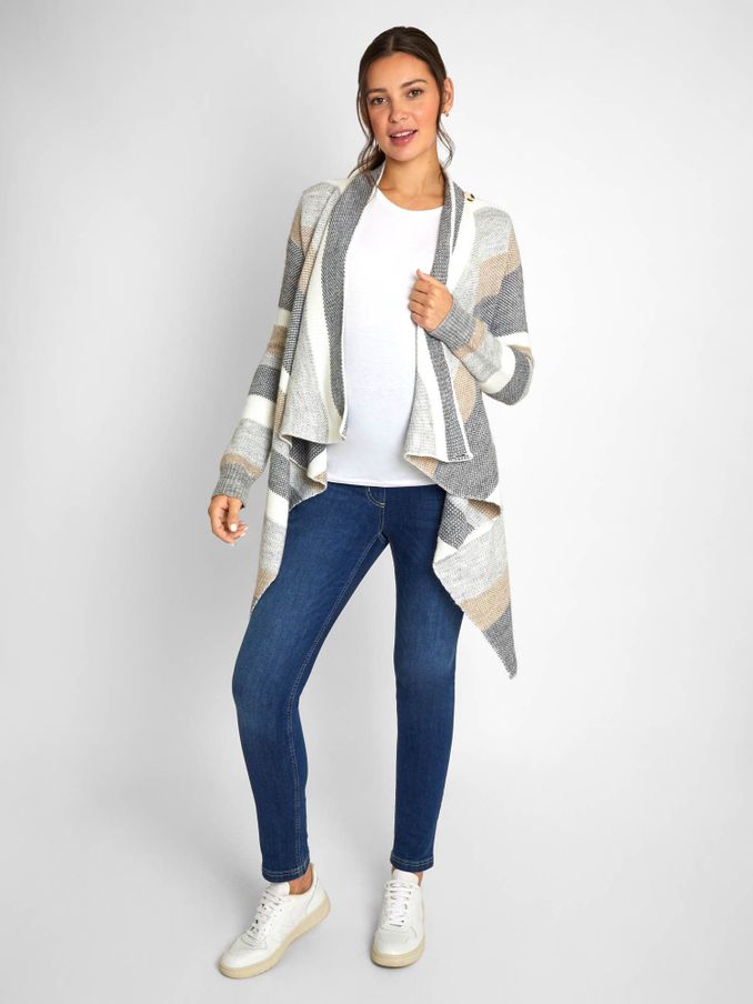 Grey Cream Stripe Drape Maternity & Nursing Cardigan (D11332) | £46