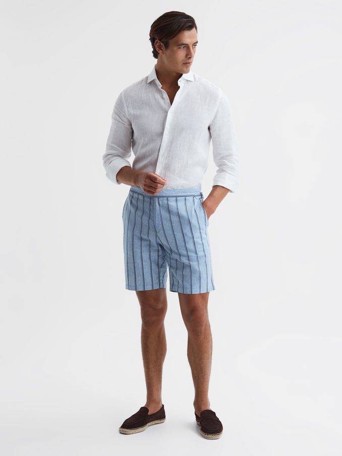 Cotton-Linen Striped Shorts in Soft Blue (D25767) | £26