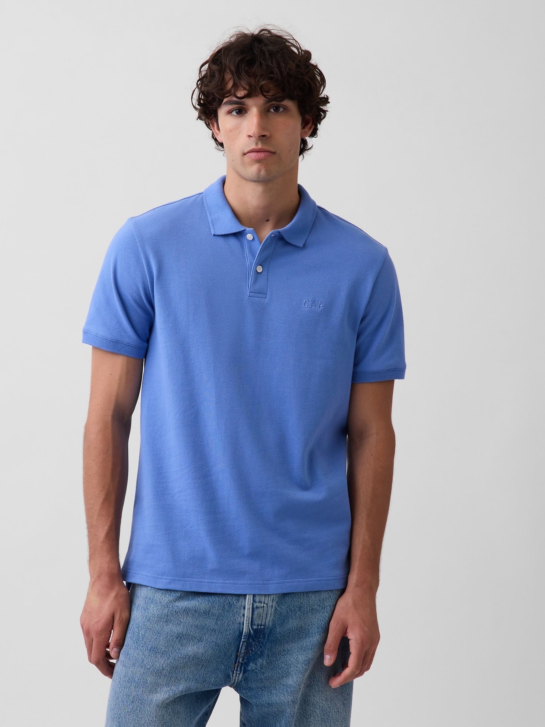 Blue - Regular Logo Pique Polo Shirt