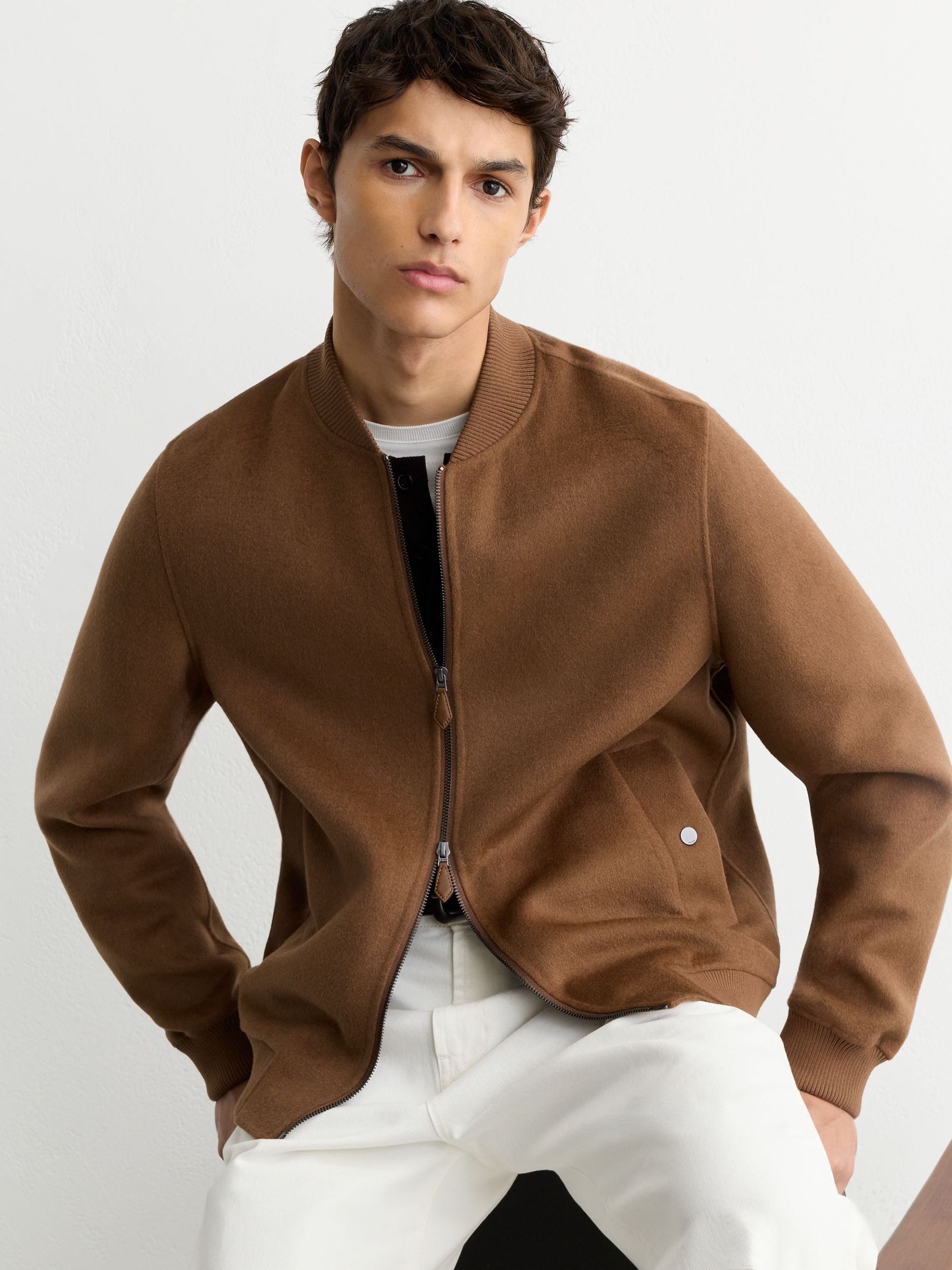 Tobacco Brown - Regular Wool-blend Zip-through Bomber Jacket